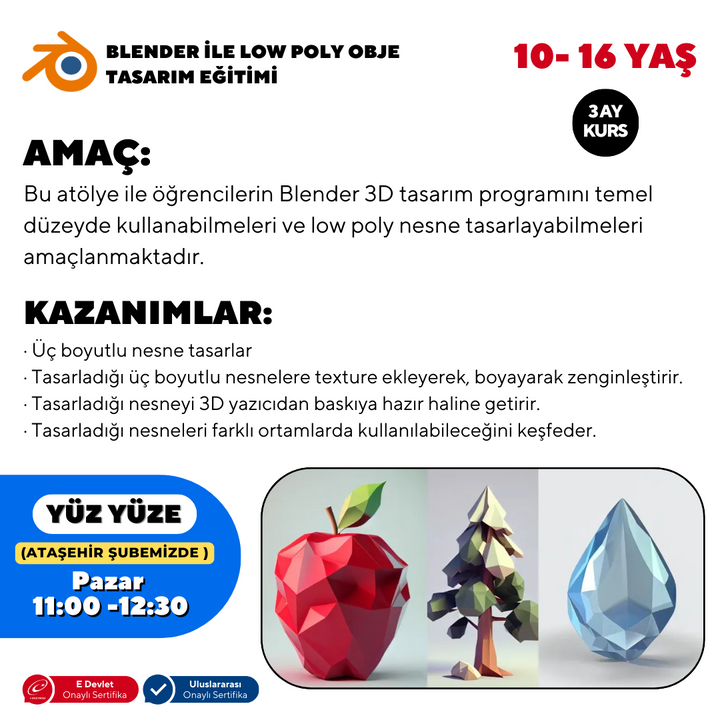 Blender Low Poly Obje Tasarım Eğitimi (10-16 Yaş) -Yüz Yüze