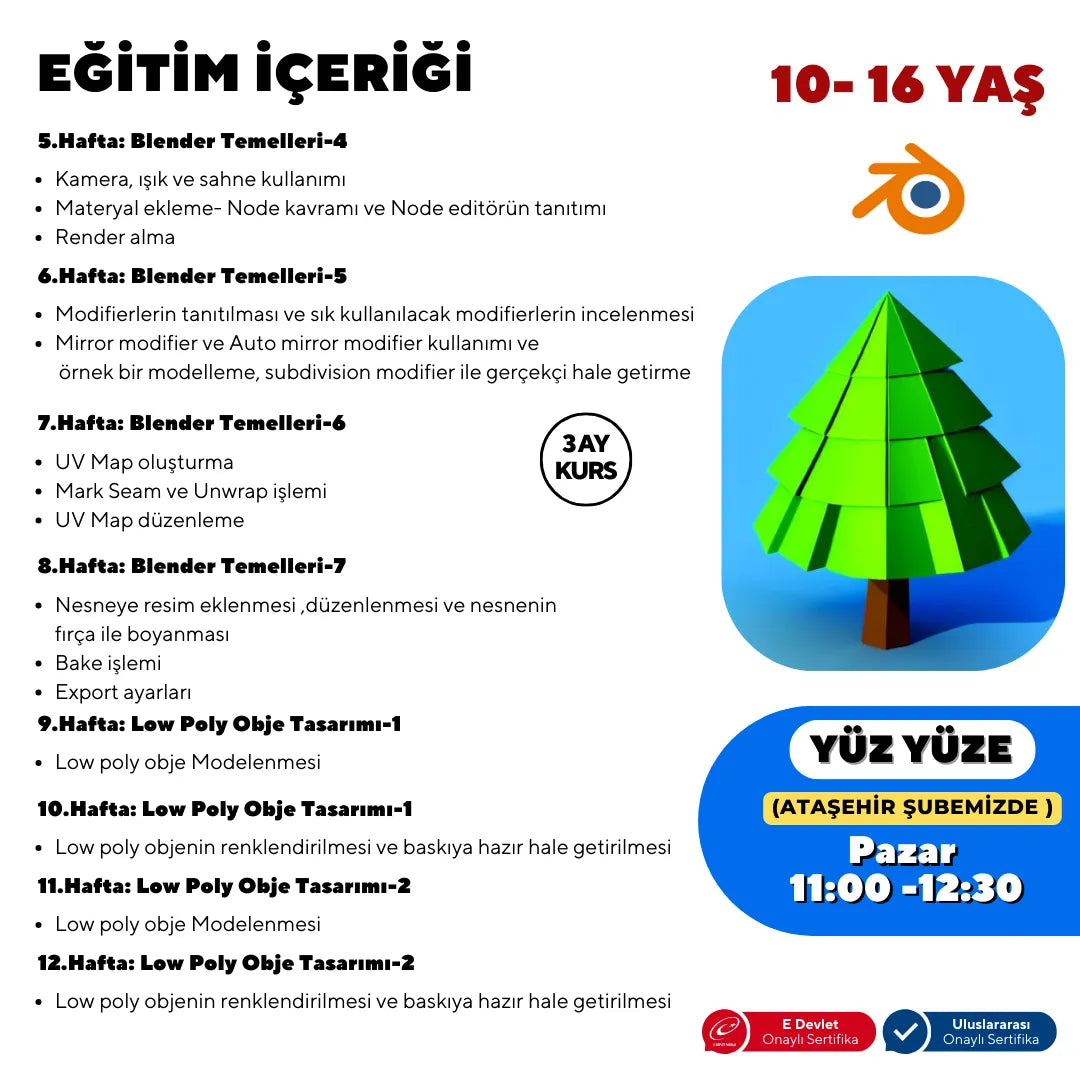 Blender Low Poly Obje Tasarım Eğitimi (10-16 Yaş) -Yüz Yüze